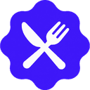 The food spot mark: a white knife and fork crossed inside a violet rosette