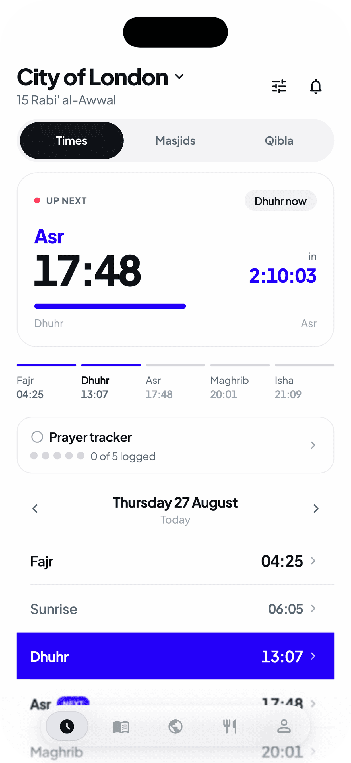 The Ya Habibi prayer screen, the next prayer with a countdown
