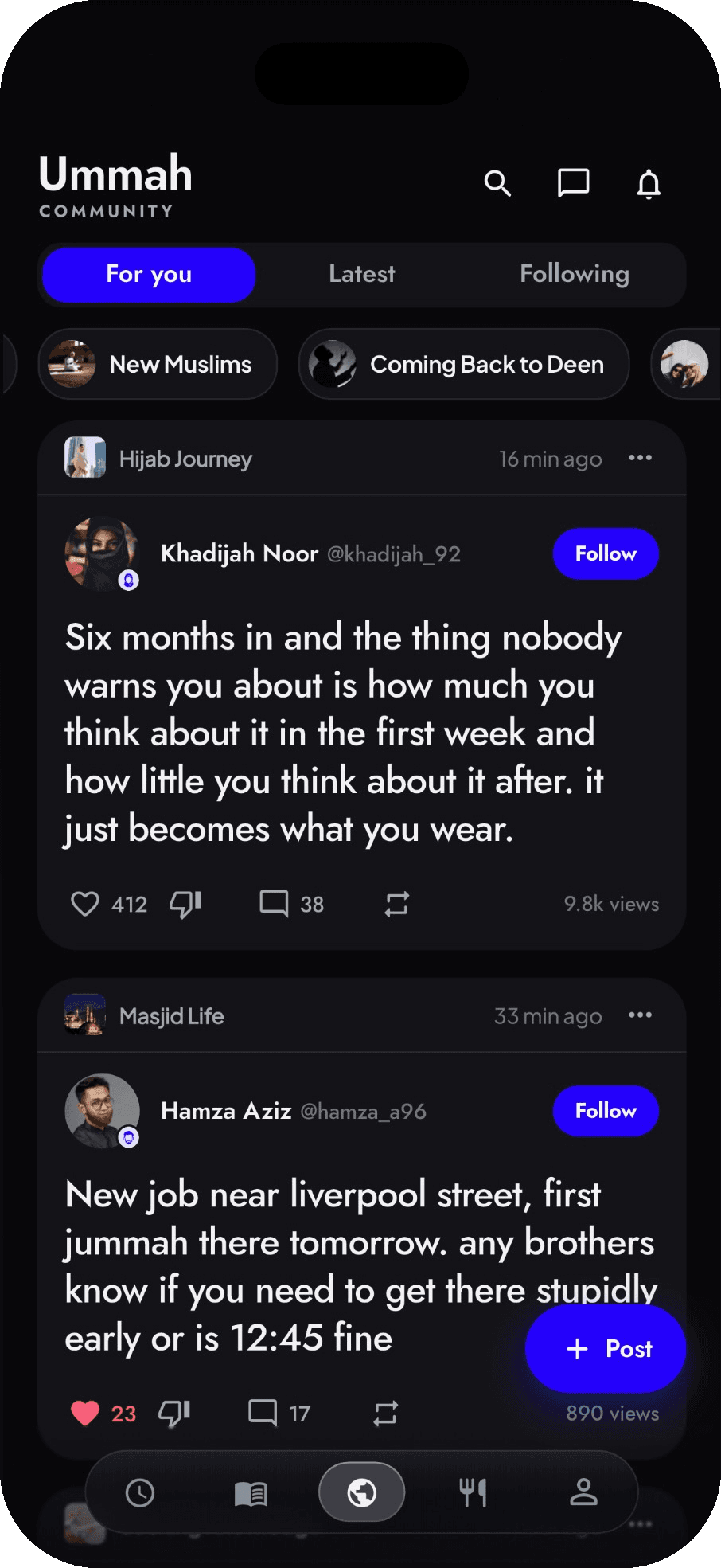 The Ummah feed in dark mode, with circles and community posts